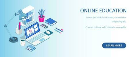 Learning online at home. Isometric composition with laptop and books. E-learning banner. Web courses or tutorials concept. Distance education flat vector illustration.