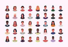 conjunto de varios personas avatares vector ilustración. multiétnico usuario retratos diferente humano cara iconos masculino y hembra caracteres. sonriente hombres y mujer.