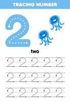 Education game for children tracing number two with cute cartoon jellyfish picture printable animal worksheet vector