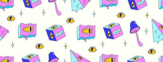 Psychedelic seamless pattern with weird cartoon character and elements. Trippy eye, mushroom, cube, pyramid. Contemporary trendy vector illustration.