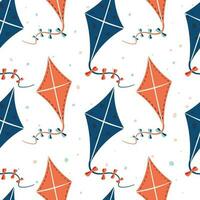 Vector seamless summer pattern. Cartoon flying kites on a ribbon with bows. Children toys and outdoor activities for the holiday. Background or wrapping paper design