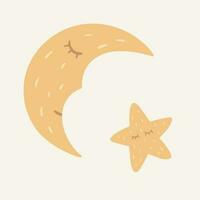 Vector children illustration in the Scandinavian style. Cute doodle moon or crescent and star asleep.