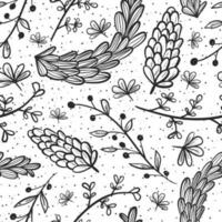 Vector seamless pattern with doodle twigs and branches, leaves, berries and flowers. Black and white dotted line art background