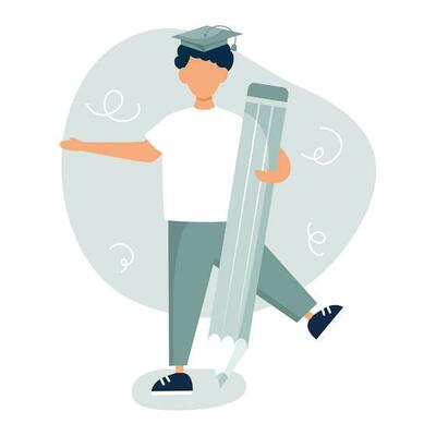 Young man standing and holding huge pencil in graduation cap. Student boy concept. Flat vector illustration