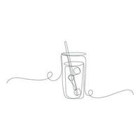 Continuous line drawing of Glass with lemonade, ice and a straw for drinking. One line art drawing. Vector illustration isolated on white