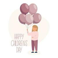 contento para niños día concepto. pequeño niña en pie con globos celebrar niños día. vector