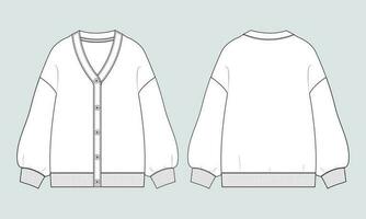 Cardigan Technical drawing fashion flat sketch vector illustration template front and back views isolated on white background