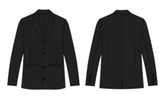 Long sleeve black color blazer suit technical drawing fashion flat sketch vector illustration template front and back views isolated on white background