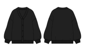 Black color cardigan Technical drawing fashion flat sketch vector illustration template front and back views isolated on white background