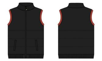 Fleece sweat jersey vest technical drawing fashion flat sketch vector illustration black color template front and back views