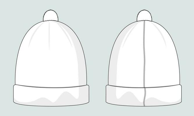 Beanie technical drawing fashion flat sketch vector illustration template front and back views isolated on white background