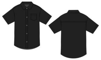 Short sleeve woven fabric shirt technical drawing fashion flat sketch vector illustration black color template front and back
