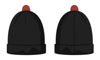 Black color Beanie technical drawing fashion flat sketch vector illustration black color template front and back views isolated on white background