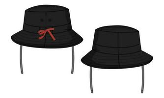 Bucket hat Technical drawing fashion flat sketch vector illustration black Color template front and back views