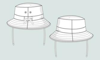 Bucket hat Technical drawing fashion flat sketch vector illustration black Color template front and back views