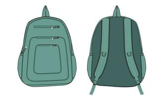 Backpack Technical drawing fashion flat sketch vector illustration green color template front and back views