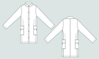 Long sleeve knee length coat jacket technical drawing fashion flat sketch vector illustration template front and back
