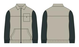 Two tone color Long sleeve jacket with pocket and zipper technical fashion flat sketch vector illustration template front and back views.