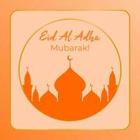 Eid al adha Mubarak for a greeting card with an orange mosque silhouette isolated in creamy background. Beautiful eid al adha mubarak with mosque background design vector. vector