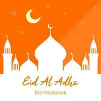 Eid al adha Mubarak for a greeting card with a white mosque silhouette isolated in orange background. Beautiful Eid al adha mubarak with mosque background design vector. vector