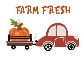 Pumpkin truck. Thanksgiving Greeting Card. Vintage Harvest Truck is a red car with pumpkins. October print. Cartoon vector illustration