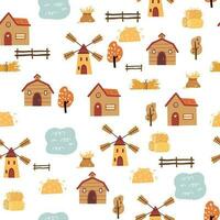 Rural landscape seamless pattern. Farm background with houses, windmill, trees and harvest. Creative kids texture for fabric, wrapping, textile, wallpaper, apparel. Vector illustration