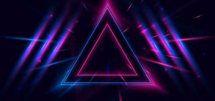 Abstract technology futuristic neon triangle glowing blue and pink  light lines with speed motion blur effect on dark blue background. vector