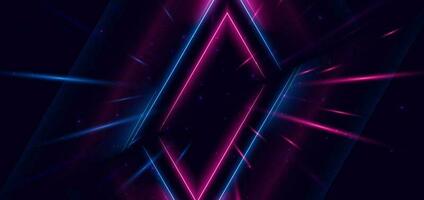 Abstract technology futuristic neon triangle glowing blue and pink  light lines with speed motion blur effect on dark blue background. vector