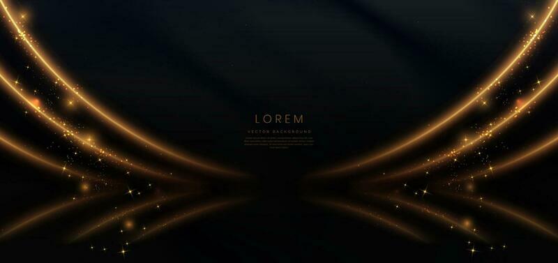 Abstract glowing gold curved lines on black background with lighting effect and sparkle with copy space for text. Luxury design style.