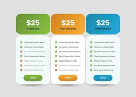 Business pricing comparison table with minimal shape and checklist vector