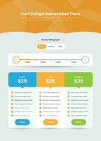 Modern pricing list and subscription plans web template design with custom billing cycle option vector