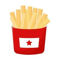 Fried French fries in a red paper box. Street fast food. Fat, high-calorie food. Flat cartoon style, isolated on a white background.Color vector illustration