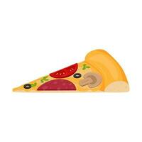 A slice of pizza with sausage, salami, mushrooms, cheese, herbs, pepperoni, tomato and olives. Fast food, snacks. Flat cartoon style, isolated on a white background.Color vector illustration