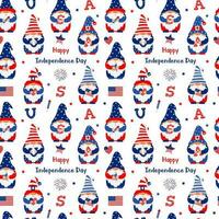 4th of July. Vector seamless pattern with patriotic gnomes holding firecracker, American flags and letters USA. Festive characters for wrapping paper, scrapbooking, wallpapers on white background.