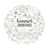 A set of doodle elements for camping, travel, picnic, tourism. Tourist inventory. Round composition as a print on clothes, postcards, web. Outline vector illustrations isolated on a white background.