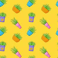 Seamless pattern with different cactus, succulent plant in bright flower pot. Cartoon Cacti. Hand drawing background with houseplants. Vector illustration on yellow background