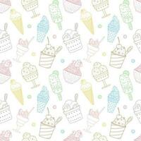 Seamless pattern with outline different ice cream, popsicle, waffle cone, bowl with whipped food. Sweet summer desserts. Hand drawn color linear vector illustration on white background.