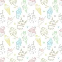 Seamless pattern with outline different ice cream, popsicle, waffle cone, bowl with whipped food. Sweet summer desserts. Hand drawn color linear vector illustration on white background.