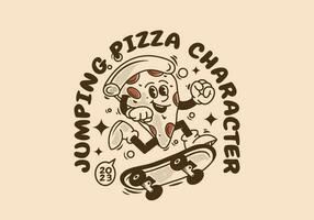 Vintage mascot character of pizza jumping on skate board vector