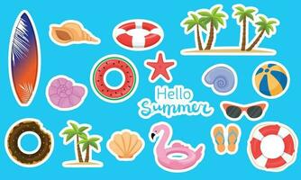 Collection of Hello summer stickers or clip art. Lifebuoy, ball, shell, sunglasses, palm, flamingo help ring, surfboard. Vector illustration.