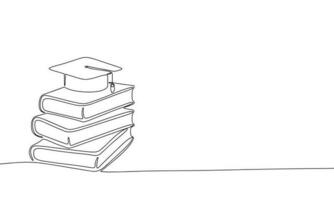 Graduation cap and books one line continuous illustration. Line art graduation education vector. vector