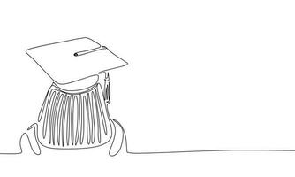 Graduation cap on student back view one line continuous illustration. Line art graduation education vector. vector