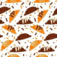 The design with a croissant pattern is plain and chocolate with dots and lines. Baking background with croissant and spots. Seamless pattern with colored croissants and decor on a white background vector