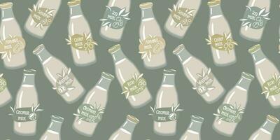 A pattern of glass bottles with vegetable milk labels. Coconut, almonds, soy, walnut, rice, oatmeal, etc. Vector background for printing on textiles and paper. Business, Marketing, Vegetarian