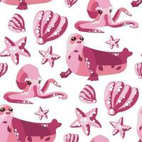 vector impresión con un sin costura modelo de rosado pulpo, sello, caparazón, estrella en un blanco antecedentes. marina animales nadar. diseño de vector ilustraciones para de moda telas, textil gráficos, huellas dactilares