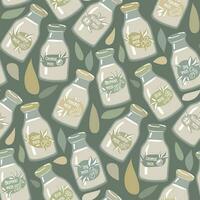 un modelo de vaso botellas con vegetal Leche etiquetas. Coco, Almendras, soja, nuez, arroz, avena, etc. vector antecedentes para impresión en textiles y papel. negocio, marketing, vegetariano