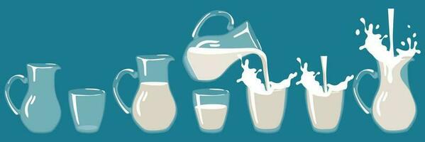 A set of glass glasses, empty jugs and with milk. Filled with liquid. There are full glasses nearby, filling up. Water is poured into a jug. The elements are isolated on a blue background vector