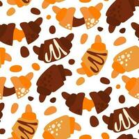 The design with a croissant pattern is plain and chocolate with dots and lines. Baking background with croissant and spots. Seamless pattern with colored croissants and decor on a white background vector