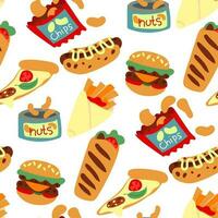 A pattern of street fast food, highlighted on a white background. Cartoon fast food, unhealthy chips, hot dog, hamburger, shawarma, nuts, pizza, French fries. Vector illustration in a simple style