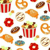 A pattern of sweet instant foods highlighted on a white background. Cartoon fast food, unhealthy popcorn, donut, croissant, bagel. Vector illustration in a simple style. Printing on textiles and paper